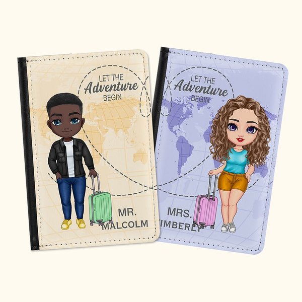 Couverture de passeport personnalisée en cuir PU de couleur unie avec motif de carte Let The Adventure Begin Cadeau pour couple