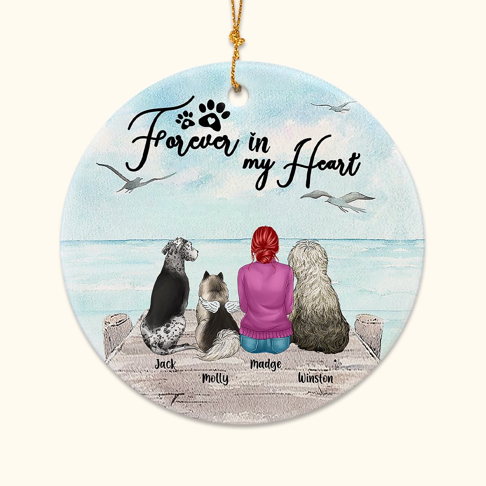 Ornement céramique rond personnalisé Forever in My Heart avec fond de mouette Cadeau d'anniversaire de Noël pour l'amoureux des chiens