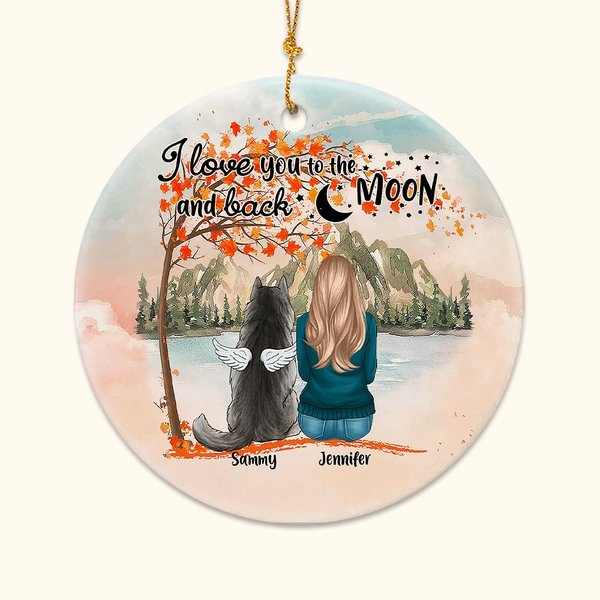 Gepersonaliseerd I Love You to the Moon and Back Rond Keramisch Ornament met Rode Esdoornblad Achtergrond Kerst Verjaardagscadeau voor Hondenliefhebbe