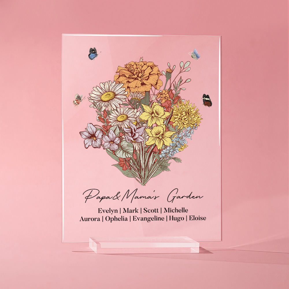 Plaque Acrylique Personnalisée avec 1-12 Fleurs de Naissance Titre Noms Décoration sur Table Cadeau Fête des Mères Anniversaire pour Maman Grand-Mère