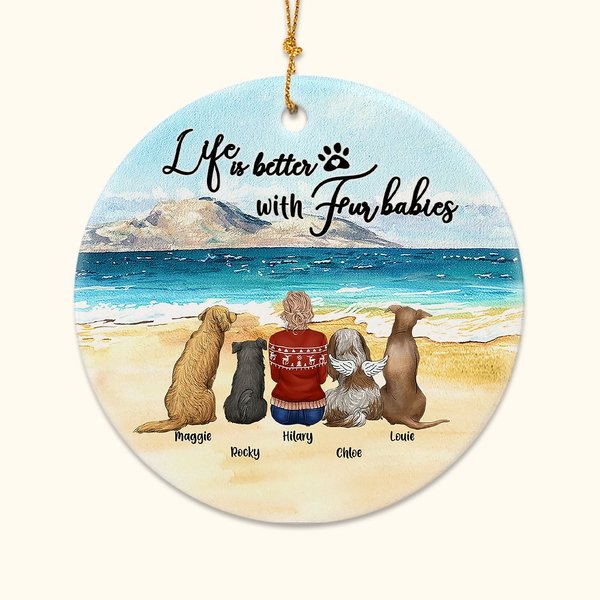 Personalized Life is Better with Fur Baby Round Ceramic Ornament with Sea Scenery Background Christmas Birthday Gift for Dog Lover