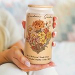 Personalized Birth Flower Bouquet 20oz Name Glass Tumbler with Straw and Bamboo Lid Gift for Grandma Mother