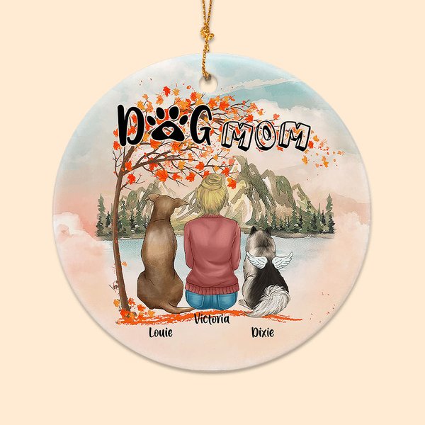 Ornement personnalisé en céramique avec fond de feuille d'érable rouge pour maman ou papa chien Cadeau d'anniversaire pour amoureux des chiens