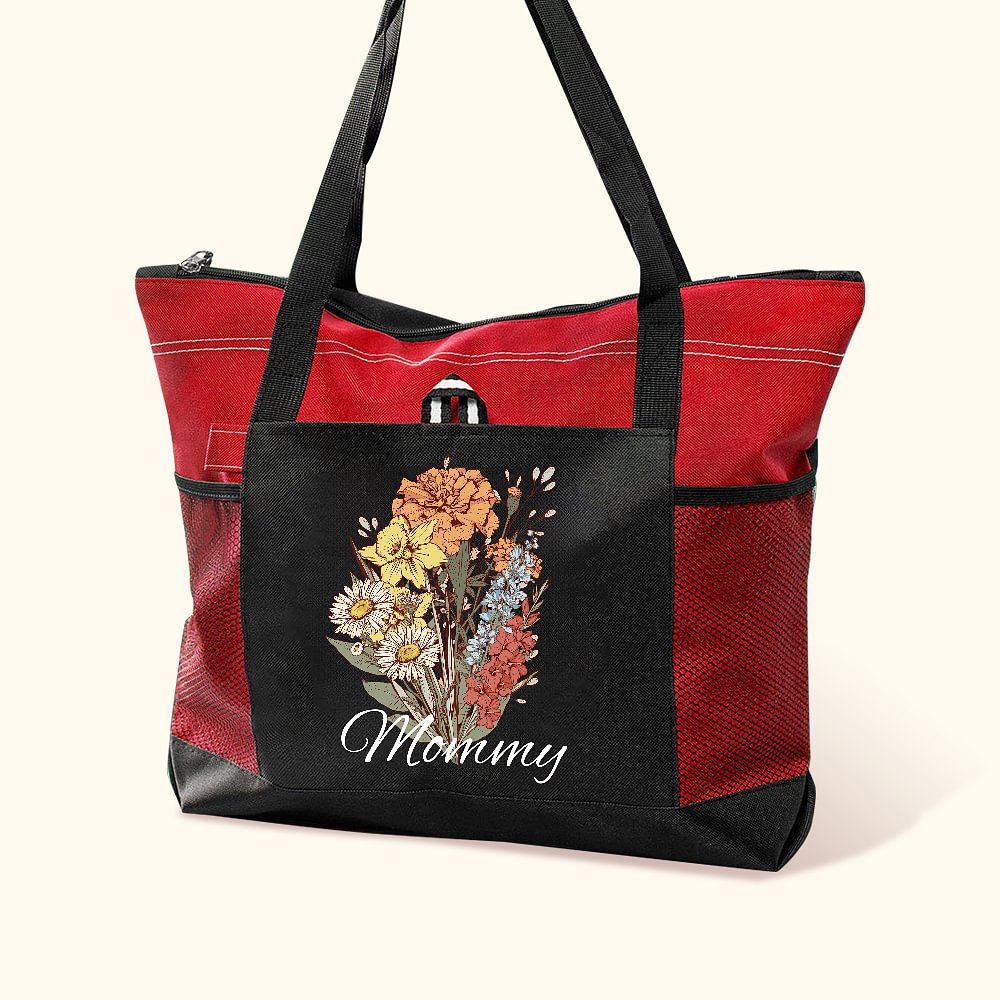 Sac en Toile Personnalisé avec Nom Sac avec Pochettes en Maille Cadeau Anniversaire Fête des Mères pour Grand-Mère Maman
