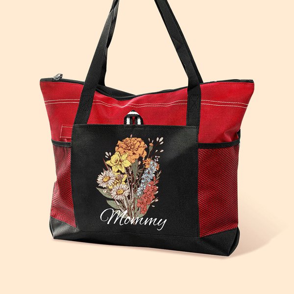 Personalized Large Capacity Birth Flower Bouquet Tote Bag with Name and Mesh Pockets Mother's Day Birthday Gift for Grandma Mom