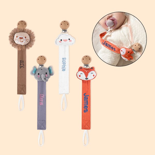 Attache Sucette Personnalisée avec Nom Brodé Design Animal Cadeau de Naissance pour Bébé