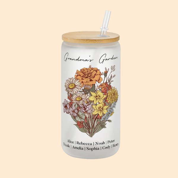Personalisierte Geburt Blumenstrauß 20oz Name Glas Becher mit Strohhalm und Bambusdeckel Geschenk für Oma Mutter