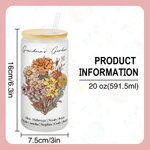 Personalized Birth Flower Bouquet 20oz Name Glass Tumbler with Straw and Bamboo Lid Gift for Grandma Mother