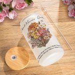 Personalized Birth Flower Bouquet 20oz Name Glass Tumbler with Straw and Bamboo Lid Gift for Grandma Mother