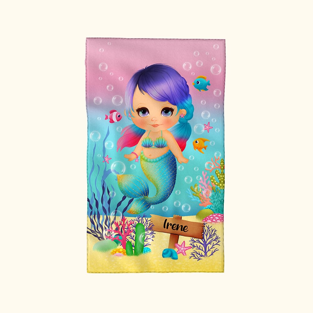 Serviette de Toilette Personnalisée avec Nom Image Sirène Linge Doux Absorbant Accessoire Quotidien pour Fille