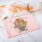 Personalisierte Geburt Blume Blumenstrauß Leinwand Schminktasche mit Reißverschluss und Name Brautparty Muttertag Geschenk für Mama Oma
