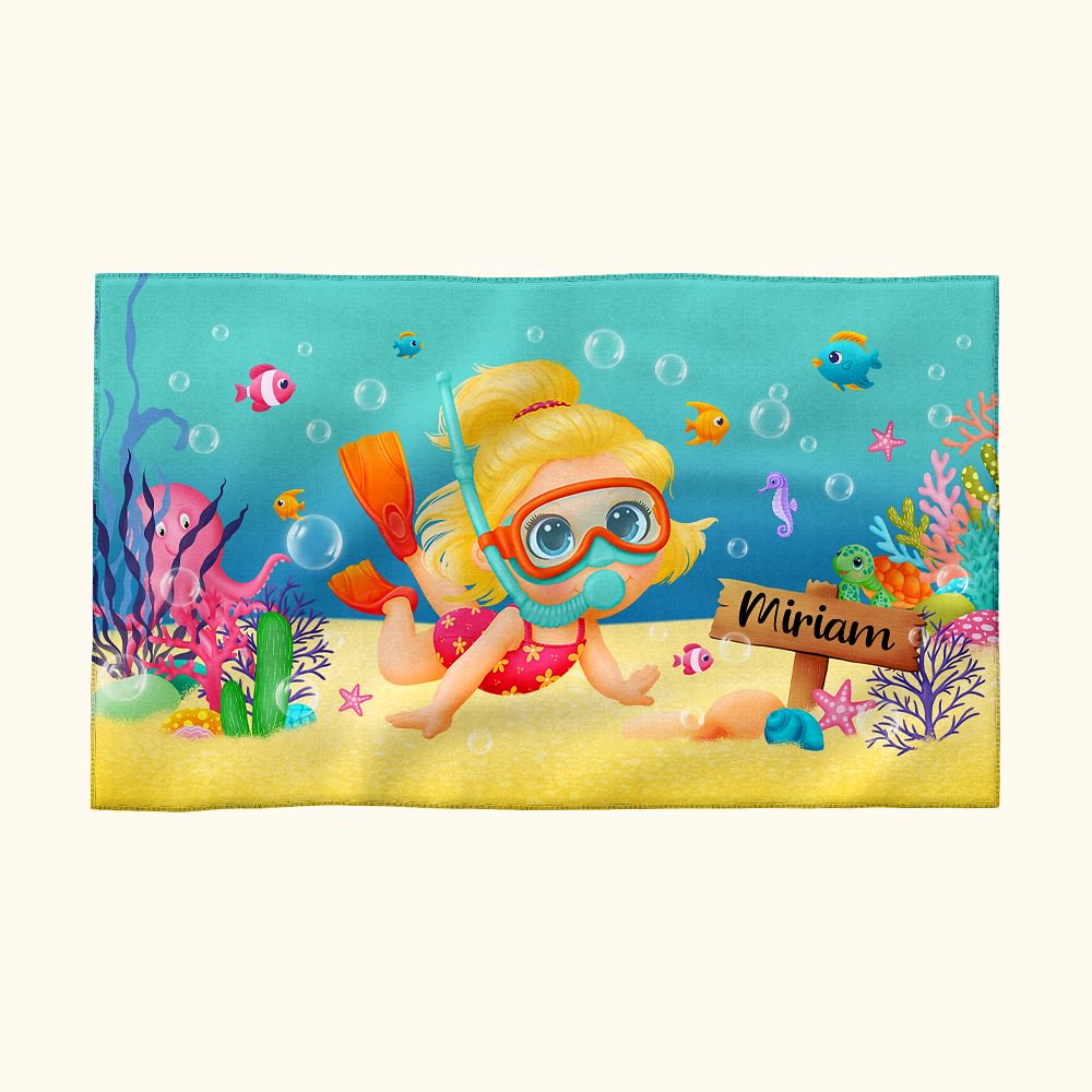 Serviette Bain Plage Personnalisée avec Nom et Motif à Thème Plongée Sous-Marine Cadeau de Voyage Anniversaire pour Enfant