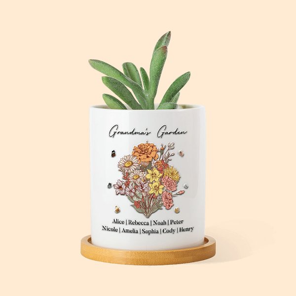 Gepersonaliseerd Grootmoeders Tuin Geboortebloemboeket Keramische Plantenpot met Bamboe Voet en Namen Moederdagcadeau voor Mama Oma