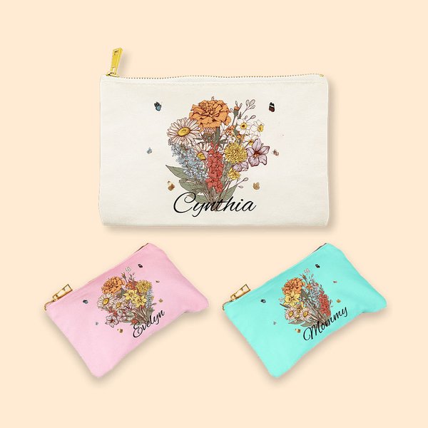 Trousse de Maquillage en Toile Personnalisée avec Fleur Sac avec Fermeture Éclair Cadeau Fête des Mères pour Maman Grand-Mère