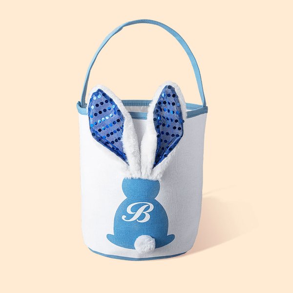 Panier de lapin de Pâques personnalisé avec initiales et paillettes Oreilles longues en peluche lumineuses à LED Cadeau de chasse de Pâques pour les enfants