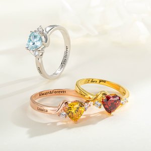 Personalised Heart Birthstone Promise Ring with Zircon and Engraving Text Mother's Day Valentine's Day Wedding Gift for Her