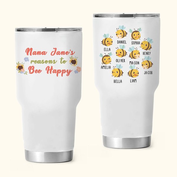 Gobelet Personnalisé avec 2-10 Prénoms Thème Bee Happy Cadeau Anniversaire Fête des Mères pour Maman Grand-Mère