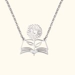 Personalised Graceful Birth Flower Book Necklace Birthday Anniversary Gift for Book Lover Teacher
