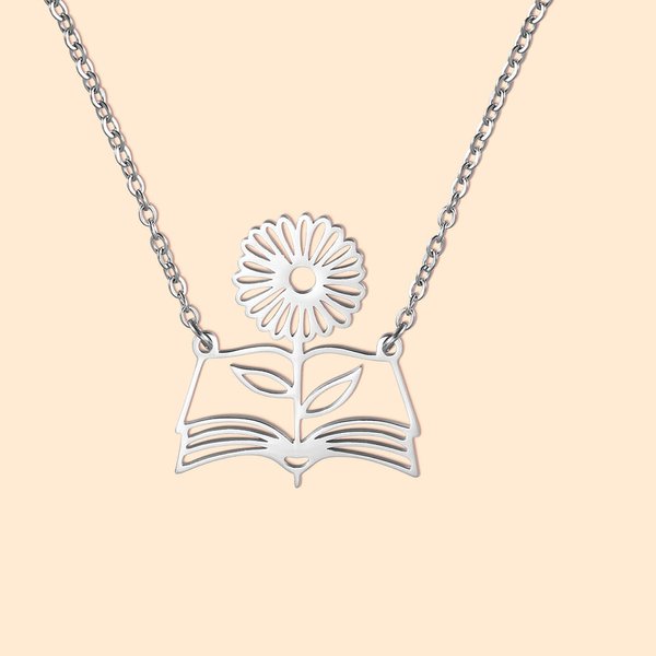 Birth Flower Book Necklace Gift for Book Lover