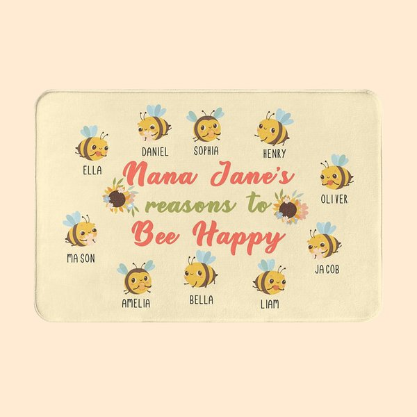 Personalised Nana's Reasons to Bee Happy Doormat with 2-15 Names Mother's Day Birthday Gift for Grandma Family