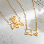 Personalised Graceful Birth Flower Book Necklace Birthday Anniversary Gift for Book Lover Teacher