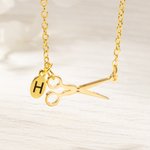 Personalized Dainty Scissors Necklace with Birthstone and Initial Disc Birthday Graduation Gift for Hairstylist Hairdressing Lovers