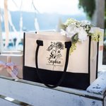 Gepersonaliseerde zwart-witte geboortebloem canvas tas met waterdichte voering bruidsmeisje strandfeest cadeau voor vrouwen meisjes