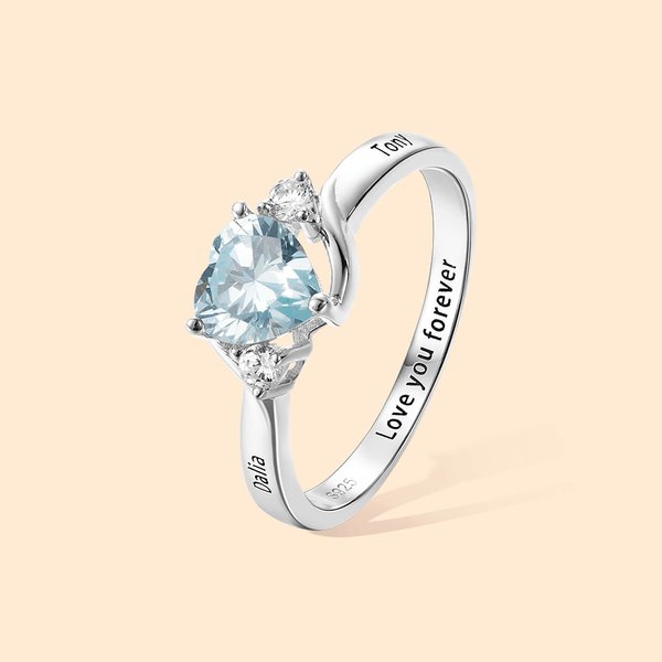 Heart Birthstone Promise Silver Ring with Engraving Text
