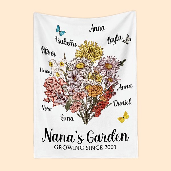 Personalisierte Schmetterling Geburt Blumenstrauß Fleece-Decke mit Namen und Jahr Garten Thema Mutter Geburtstag Geschenk für Mama Oma