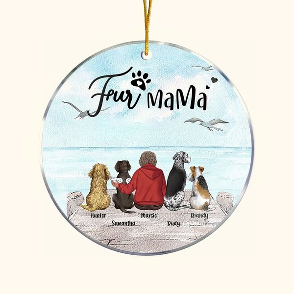 Personalized Fur Mama or Papa Round Acrylic Hanging Ornament with Seagull Background Christmas Birthday Gift for Dog Lover