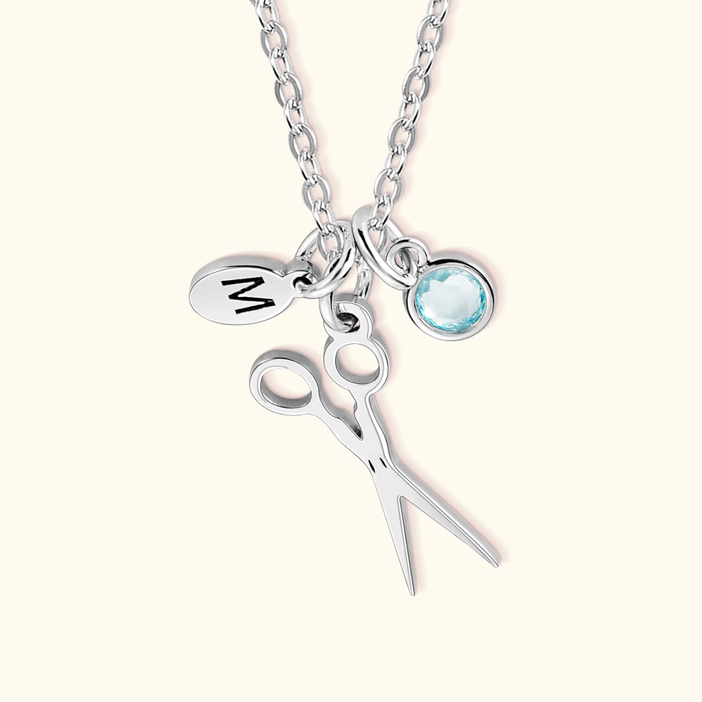 Collier Initiale et Pierre de Naissance Personnalisées Pendentif Ciseaux Cadeau de Fin d'Études pour Amateur Apprenti de la Coiffure