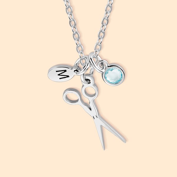 Collana personalizzata di forbici con pietra di nascita e disco iniziale Regalo di compleanno e laurea per gli amanti dei parrucchieri