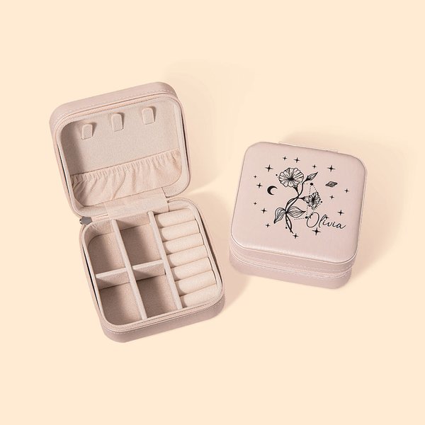 Personalisierte Zodiac Geburt Blume Schmuckkasten Travel Case mit Namen Geburtstag Brautjungfer Geschenk für Frauen Mädchen