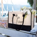 Personalized Line Birth Flower Large Capacity Beach Canvas Tote Bag with Waterproof Liner Bridal Party Summer Gift for Girls Women