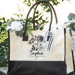 Gepersonaliseerde zwart-witte geboortebloem canvas tas met waterdichte voering bruidsmeisje strandfeest cadeau voor vrouwen meisjes