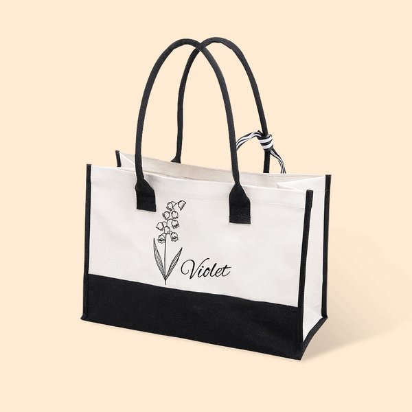 Line Birth Flower Beach Canvas Tote Bag with Waterproof Liner