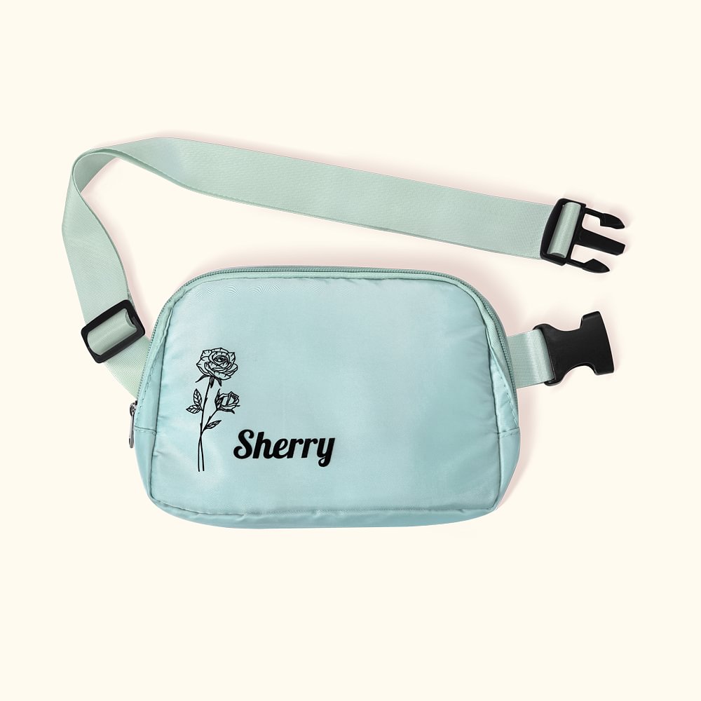 Sac Banane Personnalisé avec Nom et Fleur de Naissance Sace de Sport avec Ceinture Réglable Cadeau Anniversaire St-Valentin pour Femme