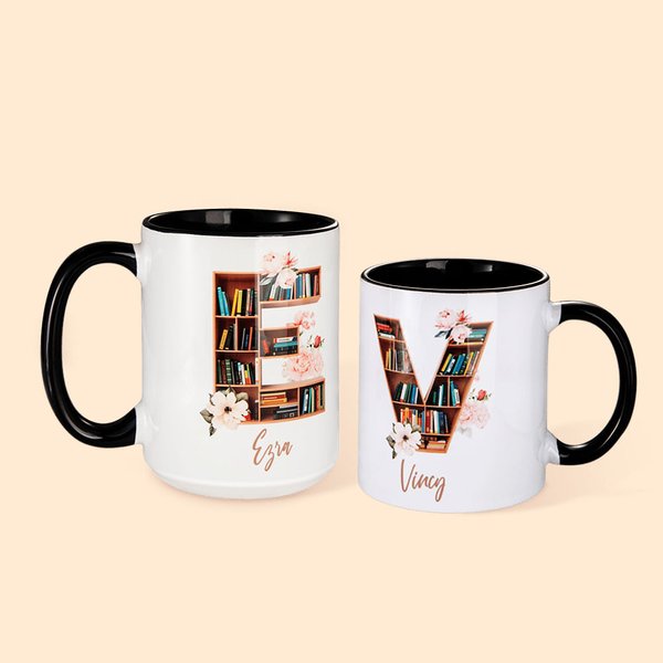 Tasse à café en céramique avec nom, Alphabet, Lettre, Anniversaire, Fête des mères, Professeur, Amoureux des livres, Bibliothécaire.