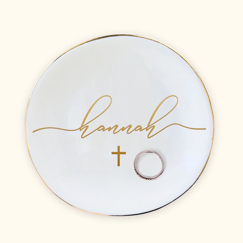 Plateau à Bijoux Personnalisé avec Nom Petit Plat en Céramique Motif Croix Cadeau Anniversaire Baptême pour Fille