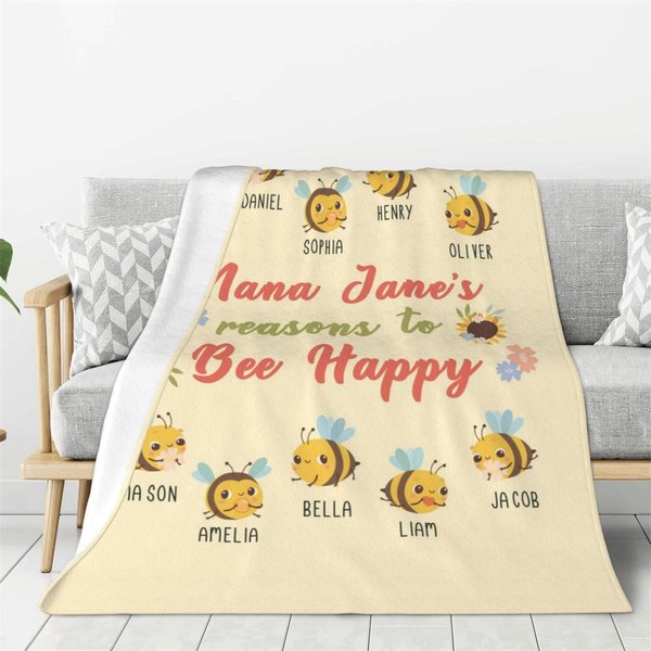 Coperta in pile personalizzata Bee Happy con 2-15 nomi Regalo di compleanno per la festa della mamma e della nonna