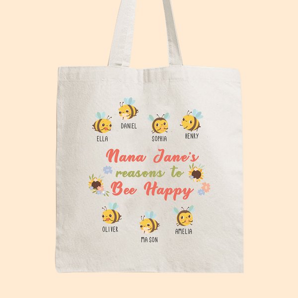 Borsa in tela personalizzata Bee Happy con 2-15 nomi Regalo di compleanno per la festa della mamma per lei