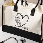 Borsa Tote con stetoscopio a cuore personalizzata con nome e fiore Regalo di compleanno di laurea per studente di medicina infermiere
