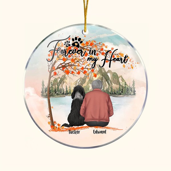 Gepersonaliseerd Forever in My Heart Rond Acryl Hangend Ornament met Rode Esdoornbladeren Achtergrond Kerst Verjaardagscadeau voor Hondenliefhebber