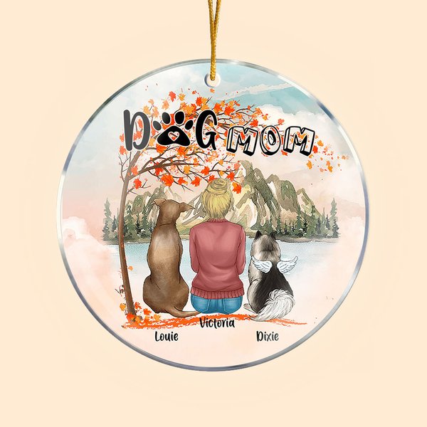 Personalizzato Mamma cane o papà cane Ornamento da appendere in acrilico rotondo con sfondo di foglie d'acero rosse Regalo di compleanno di Natale per