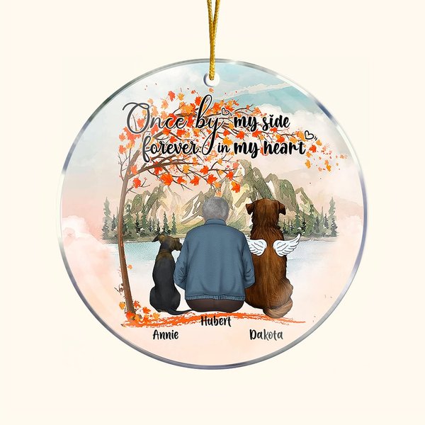 Gepersonaliseerd Once by My Side Forever in My Heart Rond Acryl Hangend Ornament met Rode Esdoornbladeren Achtergrond Kerstverjaardagscadeau voor Hond