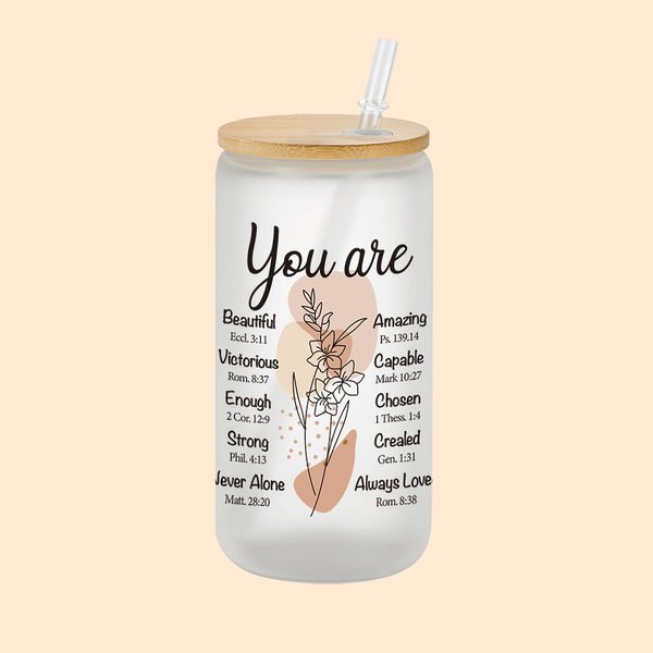 Fiore di nascita personalizzato Citazioni bibliche 20 oz tazza di vetro smerigliato con coperchio e cannuccia Regalo cristiano ispiratore per la festa