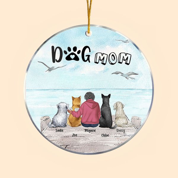 Adorno colgante acrílico redondo personalizado para mamá o papá perro con fondo de gaviota Regalo de cumpleaños navideño para amante de los perros