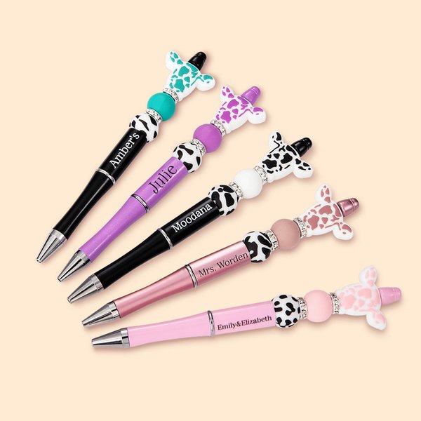 Cute Cow Print Beaded Ballpoint Pen with Name