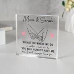 Placa acrílica personalizada Mamá e hija cogidas de la mano con texto Día de la Madre Cumpleaños Regalo para mamá