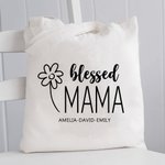 Gepersonaliseerde Gezegende Mama Canvas Draagtas met Tekst en Bloemen Element Moederdag Verjaardagscadeau voor Mama Oma